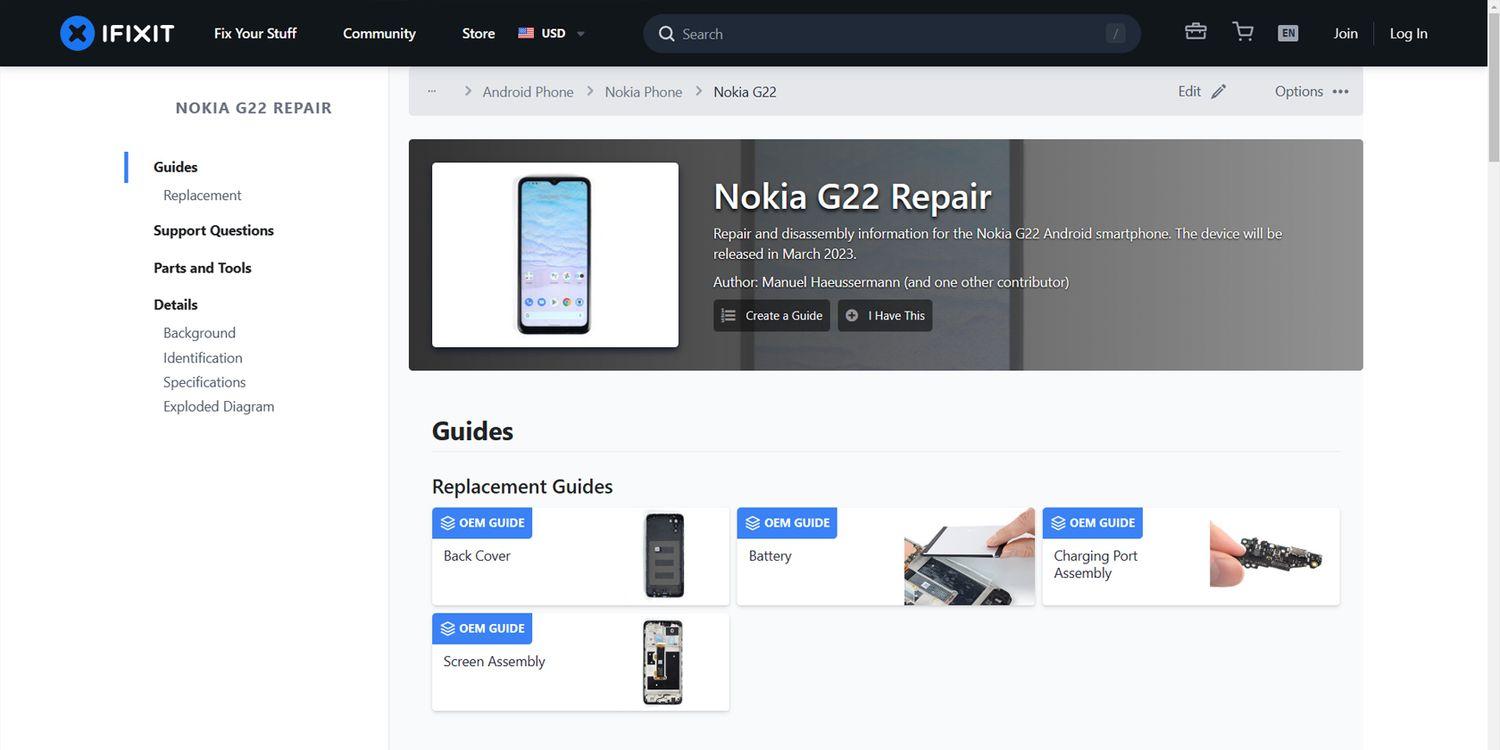 Hướng dẫn tự sửa điện thoại Nokia G22 trên trang iFixit (Ảnh: Internet)