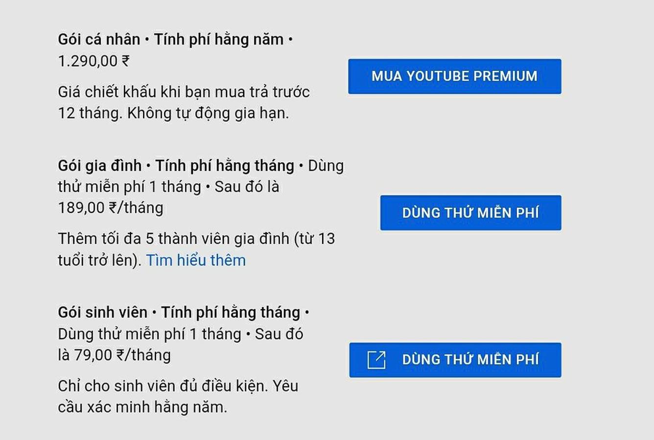 Giá YouTube Premium Việt Nam (Ảnh: Internet)