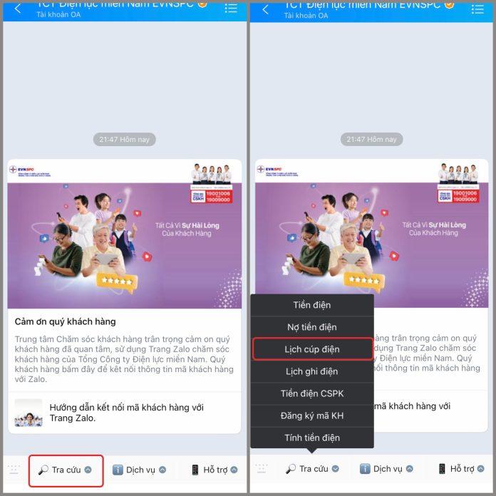 Cách tra lịch cúp điện trên ứng dụng Zalo (Ảnh: Internet)
