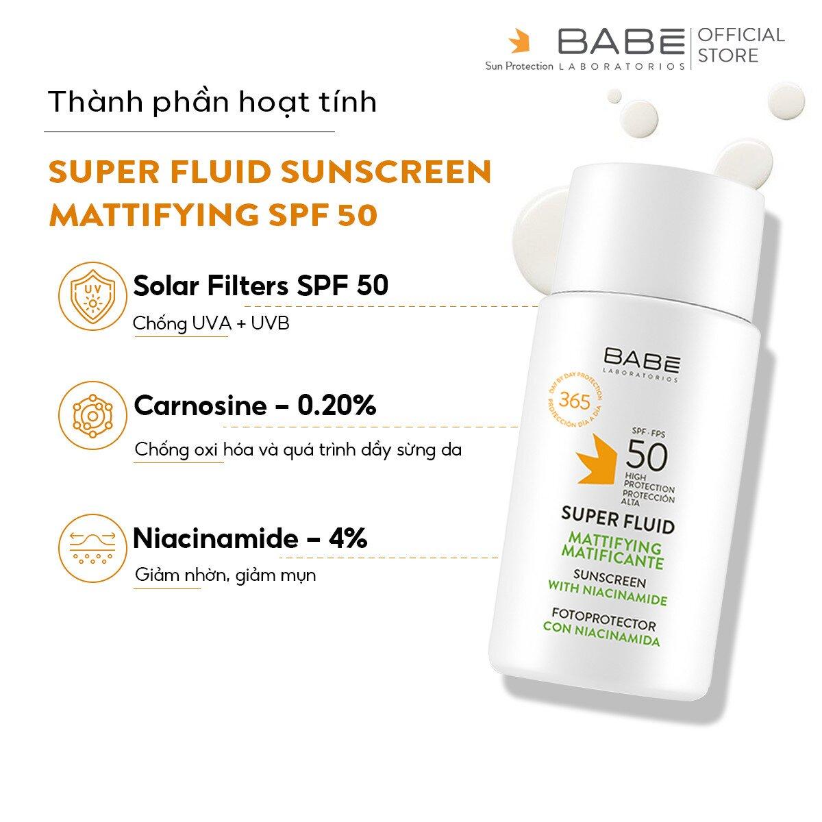 Kem chống nắng BABE Super Fluid Mattifying sunscreen SPF 50 phổ rộng, kiểm soát dầu (Ảnh: internet)