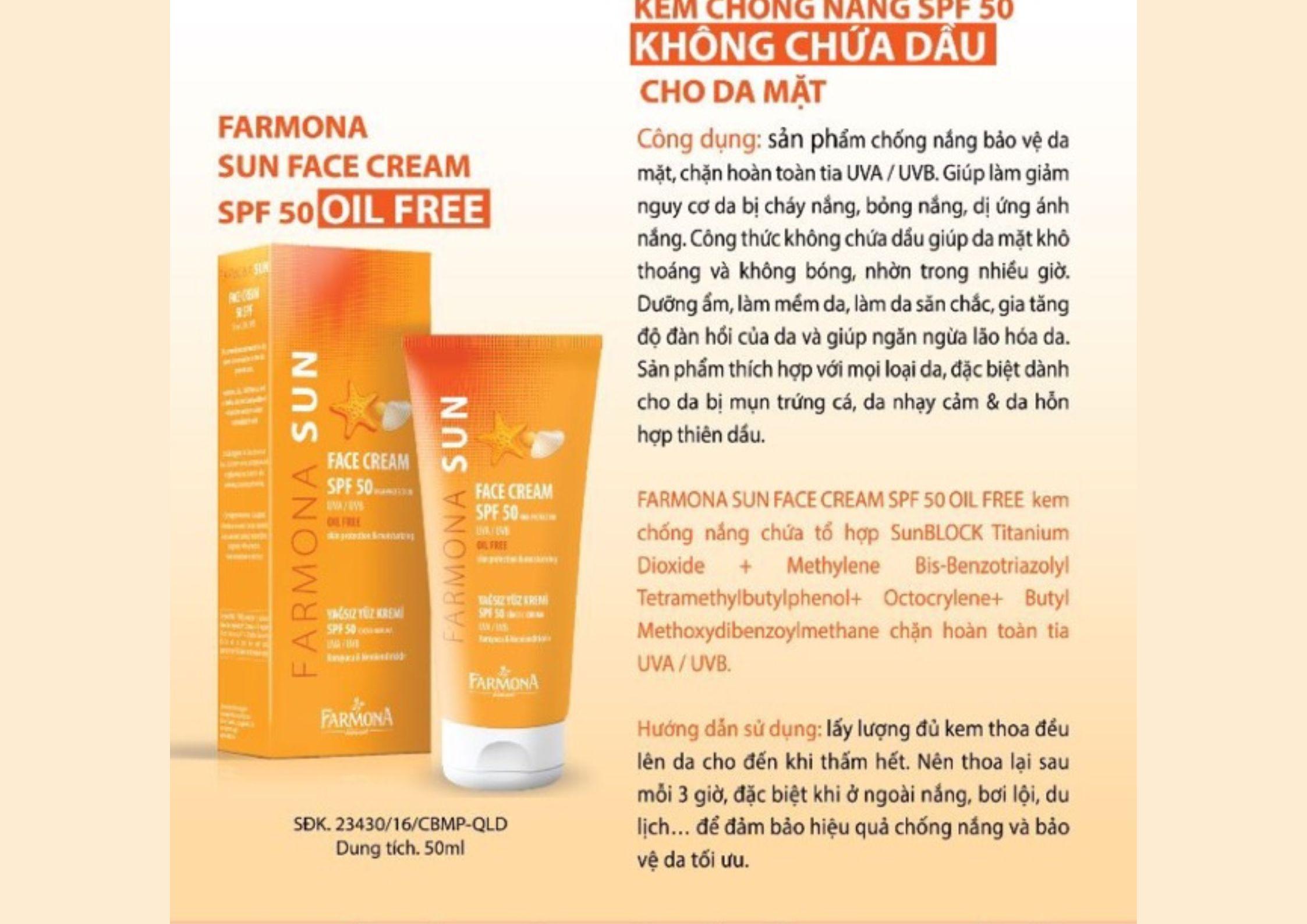 Farmona Sun Face Cream Oil Free là dòng kem chống nắng vật lý lai hóa học (Ảnh: Internet).