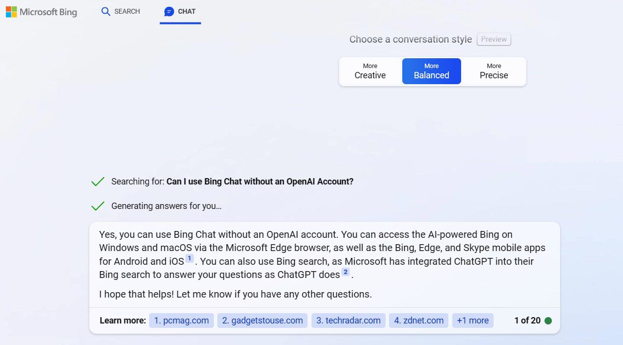 Bing Chat xác nhận rằng có thể sử dụng nó mà không cần tài khoản OpenAI (Ảnh: Internet)