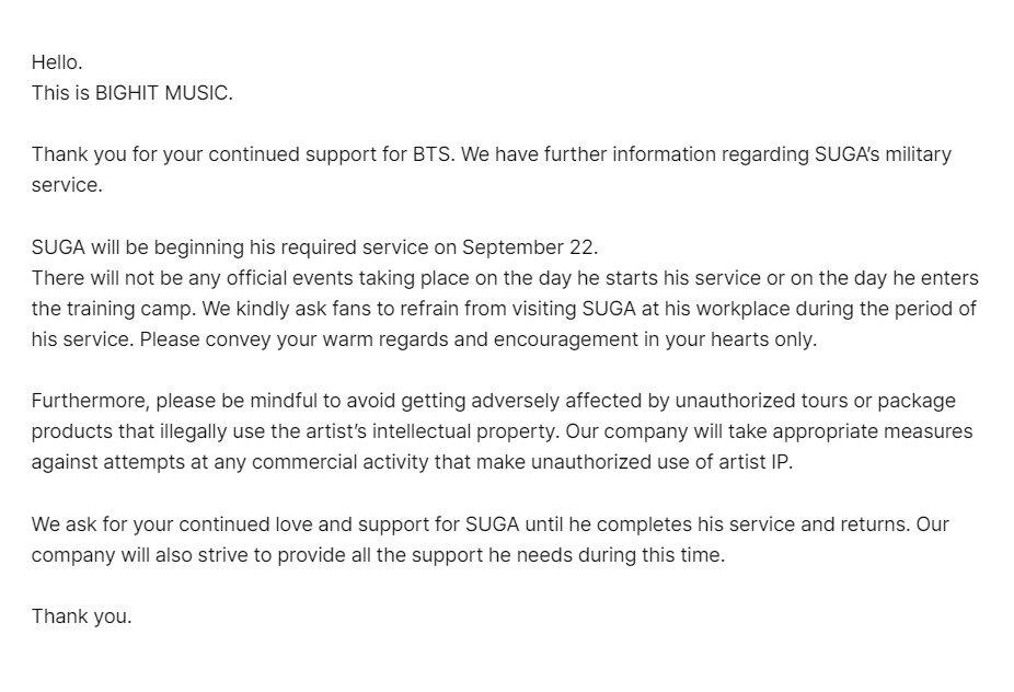 BIGHIT MUSIC thông báo về việc nhập ngũ của SUGA (BTS) (Nguồn: Internet)
