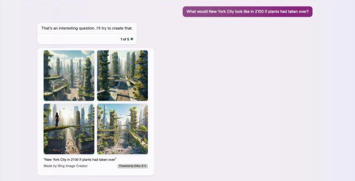 DALL-E 3 trong Bing Chat tạo hình ảnh thành phố được bao phủ bởi cây cối (Ảnh: Internet)