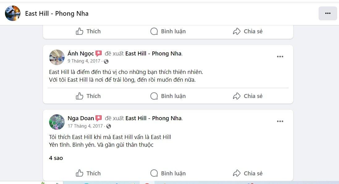 Những đánh giá East Hill Phong Nha trên mạng xã hội. Nguồn internet