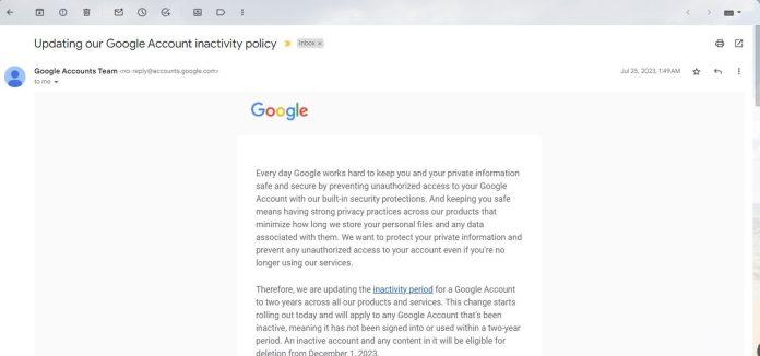 Email của Google thông báo về việc xóa các tài khoản không hoạt động (Ảnh: Internet)