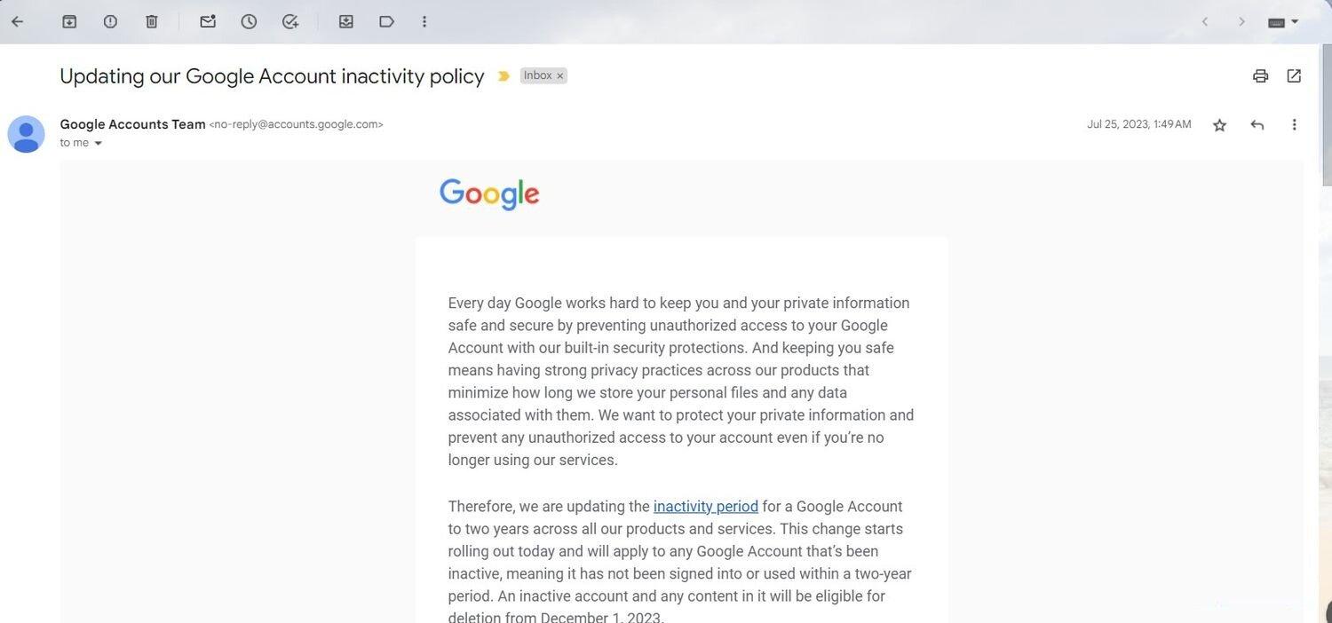 Email của Google thông báo về việc xóa các tài khoản không hoạt động (Ảnh: Internet)