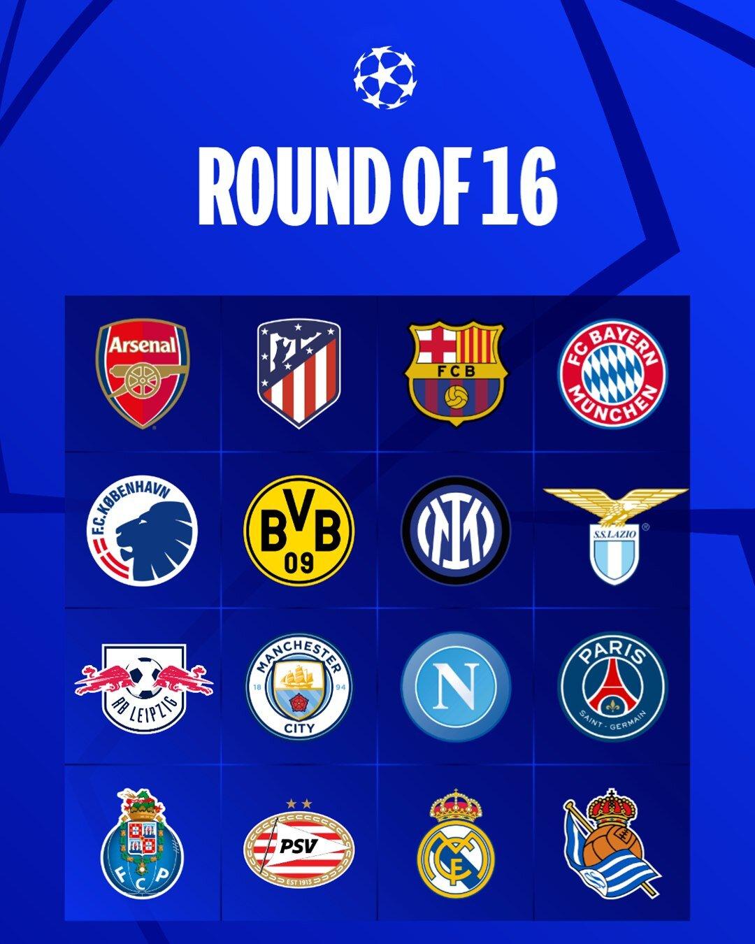 16 đội có mặt ở vòng 1/8 UEFA Champions League (ảnh: UEFA)