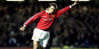 29 Dec 1998: David Beckham of Manchester United takes a free-kick during the FA Carling Premiership match against Chelsea played at Stamford Bridge in London, England. the match finished in a 0-0 draw. Mandatory Credit: Gary M Prior/Allsport