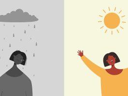 Sun is happy rain sad illustration. Character is sad when it rains and depressive weather rejoices when sun shines brightly two bipolar flat opposites psychological vector mood swings.