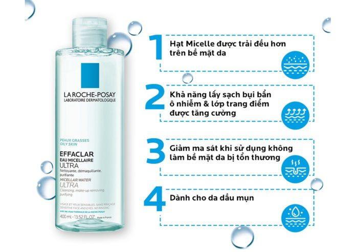 Công dụng của nước tẩy trang La Roche-Posay Effaclar Micellar Water Ultra Oily Skin (Ảnh: Internet).