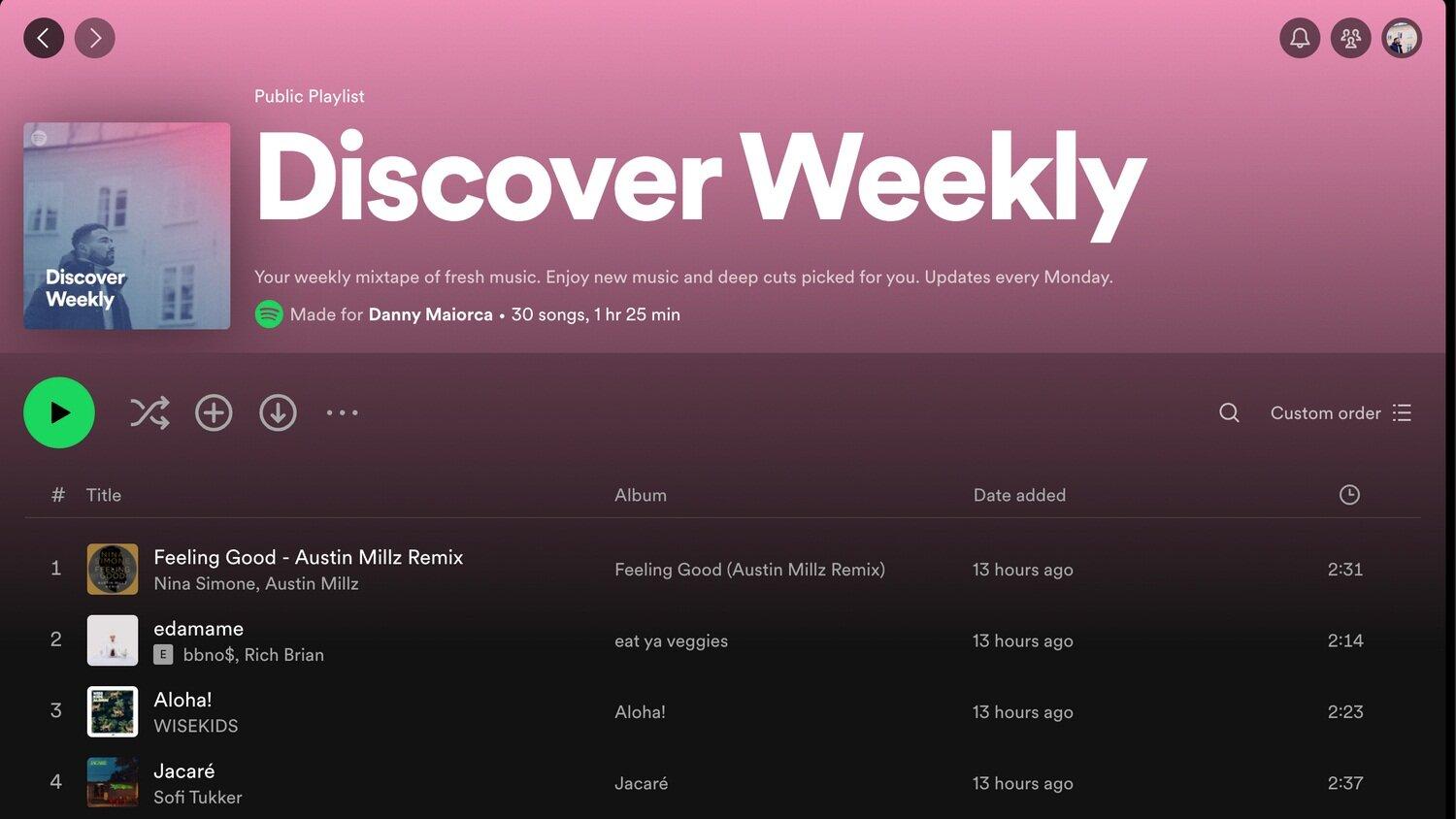 Danh sách phát Discovery Weekly trên Spotify (Ảnh: Internet)