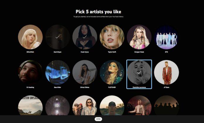 Chọn nghệ sĩ yêu thích trong YouTube Music (Ảnh: Internet)