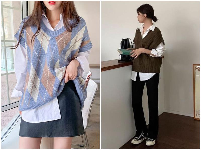 Áo sơ mi nữ mix với áo len gile – Phong cách Hàn Quốc nổi bật và cuốn hút (Ảnh: Internet)