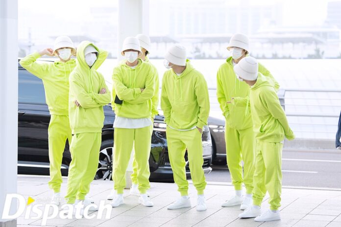 NCT Dream cùng diện ouffit màu neon "sáng bừng" sân bay. Ảnh: Dispatch.