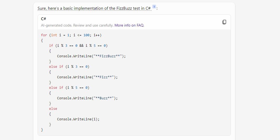 Copilot tạo code thử nghiệm FizzBuzz trong C# (Ảnh: Internet)