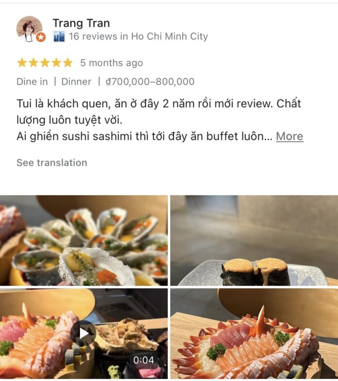 Đánh giá của khách hàng khi dùng bữa tại Uchi Sushi (nguồn: Internet)