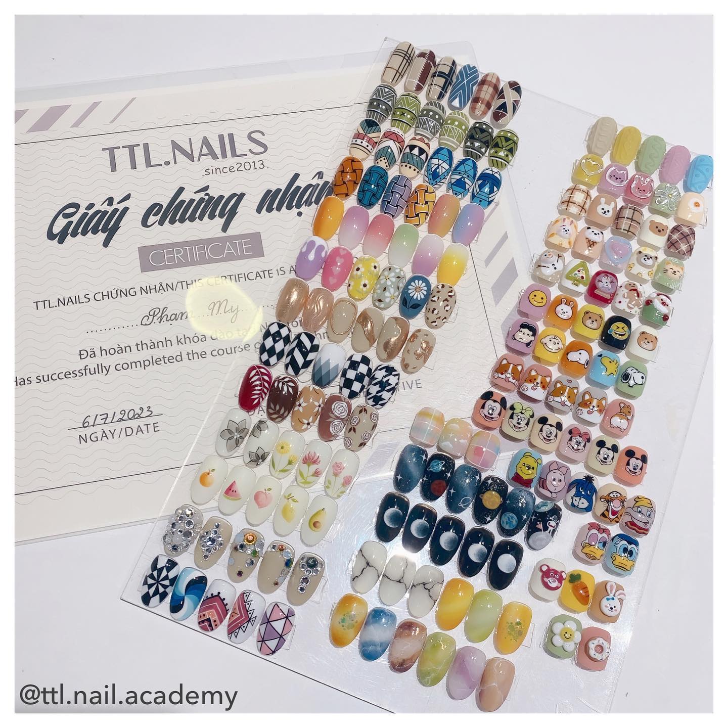 Chứng chỉ học viên TTL. Nails academy nhận được và bài làm của học viên