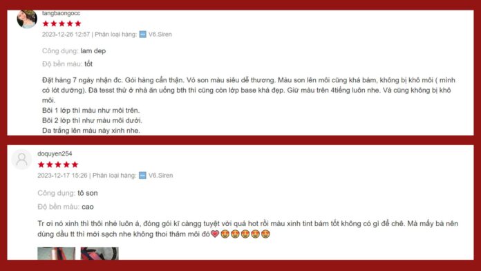 Review son kem lì Merzy The First Velvet Tint V6 Siren – phiên bản cải tiến mới nhất có gì hay? Đánh giá trên shopee của son Merzy The First Velvet Tint V6 Siren (Nguồn: Internet)