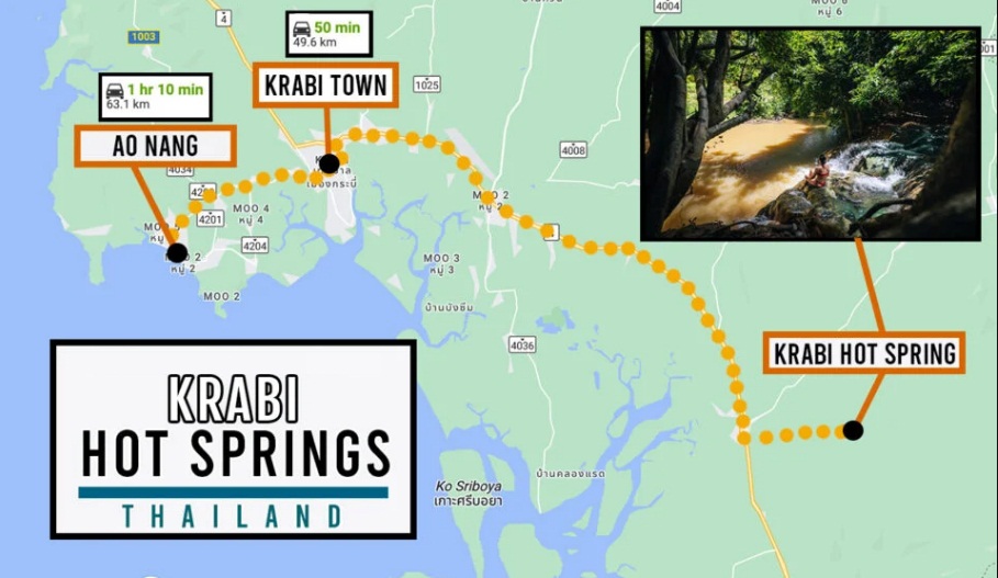 Tuyến đường di chuyển đến suối nước nóng Krabi từ Ao Nang và thị trấn Krabi (Ảnh: Internet)
