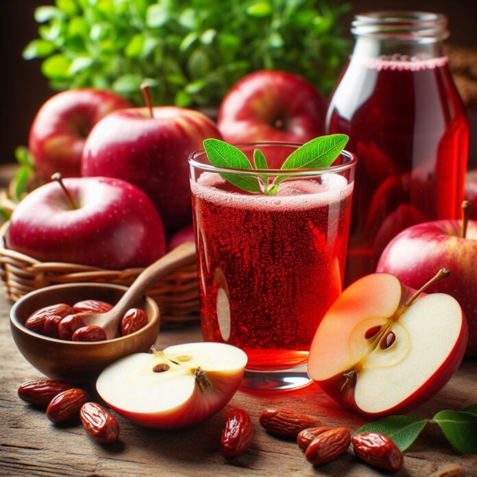 Mỗi ngày một ly nước ép táo đỏ sẽ giúp gan của bạn khoẻ mạnh hơn (Nguồn Ảnh: Tác Giả Vẽ)