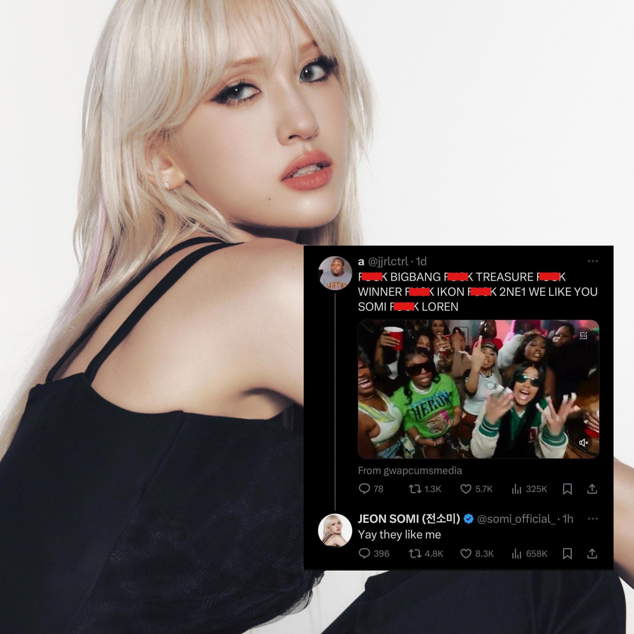 nữ idol đáp trả một bài đăng trên Twitter có nội dung mắng BIG BANG và các idol YG khác như Winner, Treasure, 2NE1, Loren nhưng lại tâng bốc Somi.