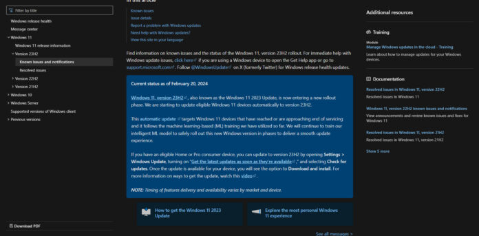 Microsoft thông báo về quá trình phát hành Windows 11 phiên bản 23H2 trên trang web chính thức của mình (Ảnh: Internet)