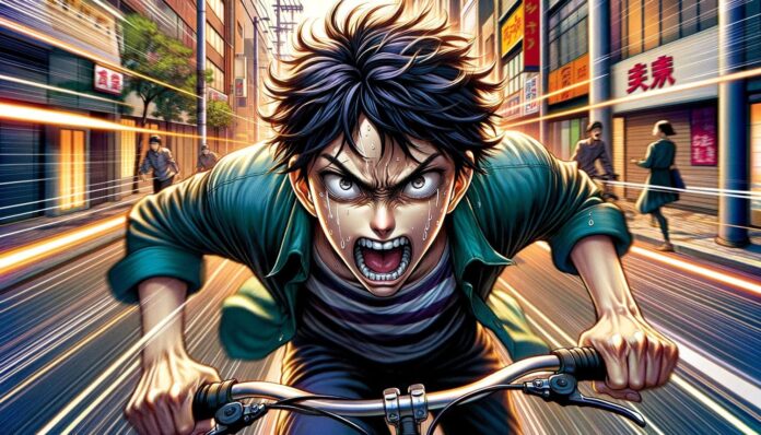 Hình ảnh người đàn ông giận dữ chạy xe đạp theo phong cách anime (Ảnh: Internet)