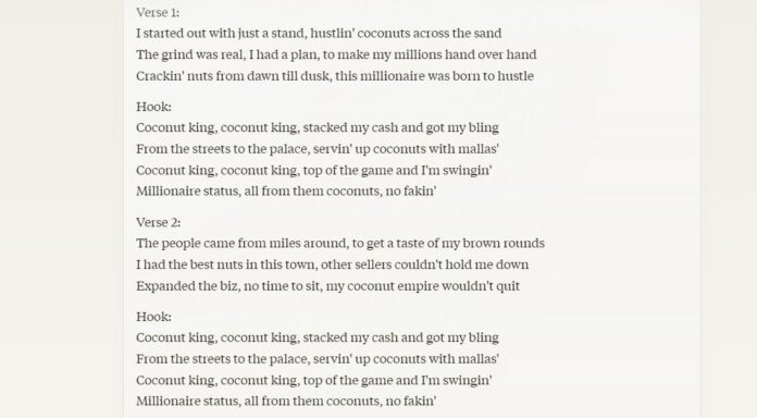 Lời rap về dừa để làm giàu do Claude viết ra (Ảnh: Internet)