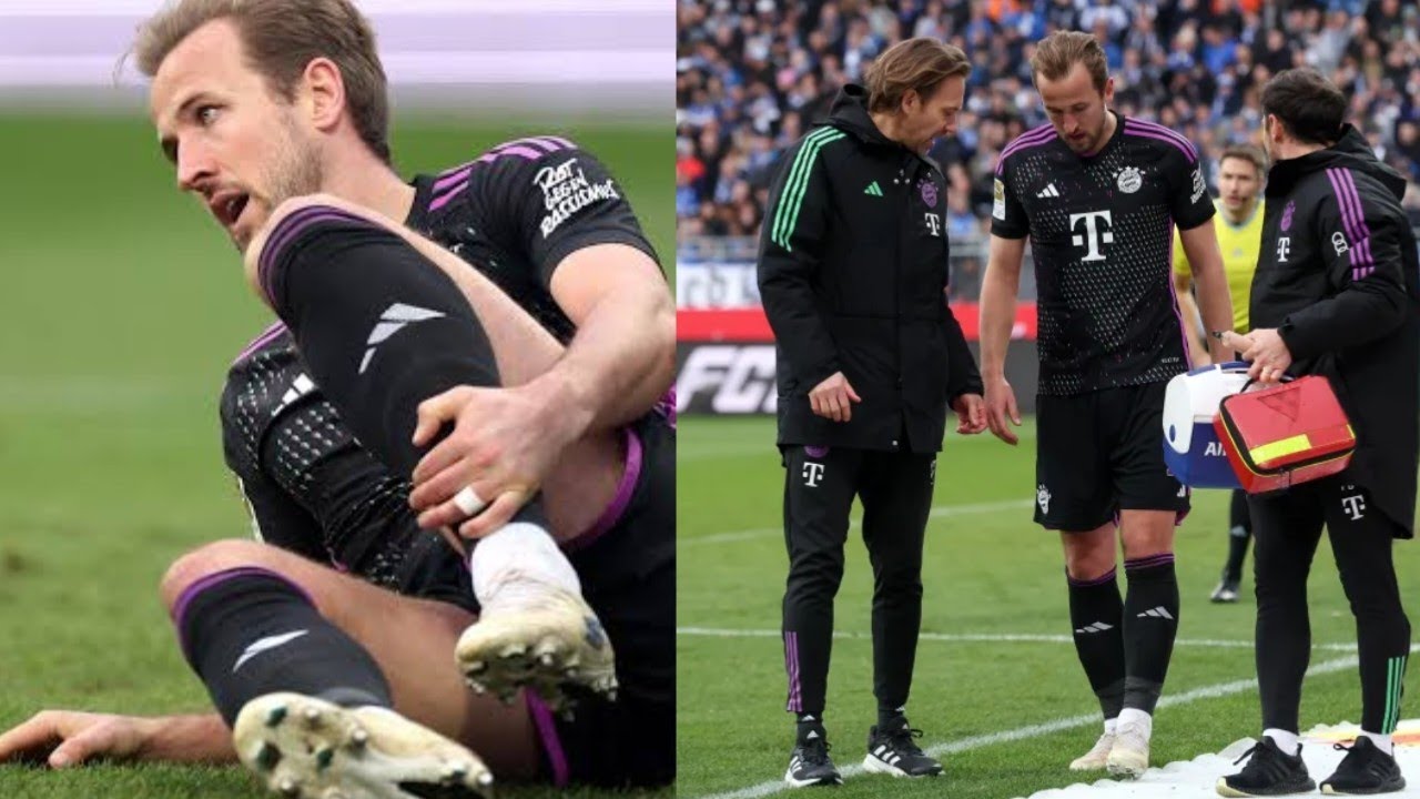 Harry Kane ôm đầu gối sau khi va chạm với cột dọc trong trận thắng của Bayern Munich trước Darmstadt (Ảnh: Internet)