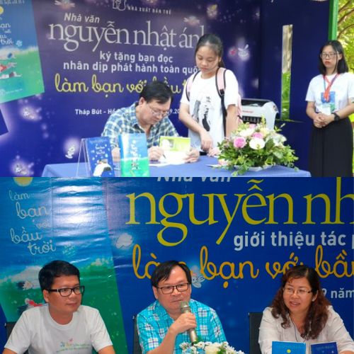 Tác giả Nguyễn Nhật Ánh trong buổi kí tặng ra mắt sách "Làm bạn với bầu trời" (Nguồn: Internet)