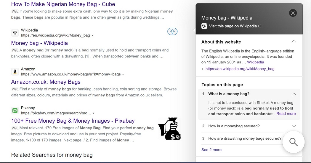 Kết quả tìm kiếm của Bing với từ khóa túi tiền (Ảnh: Internet)