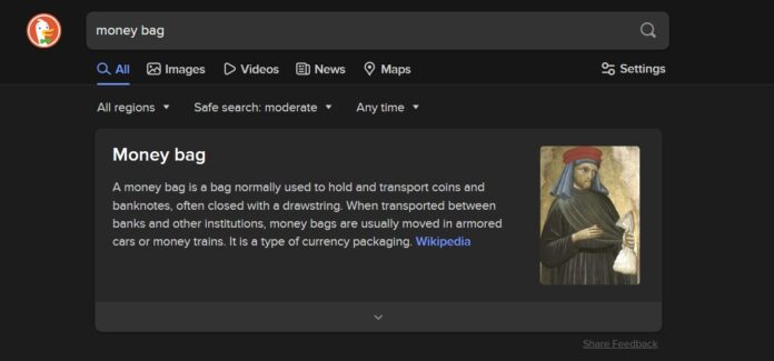 Kết quả tìm kiếm của DuckDuckGo với từ khóa túi tiền (Ảnh: Internet)