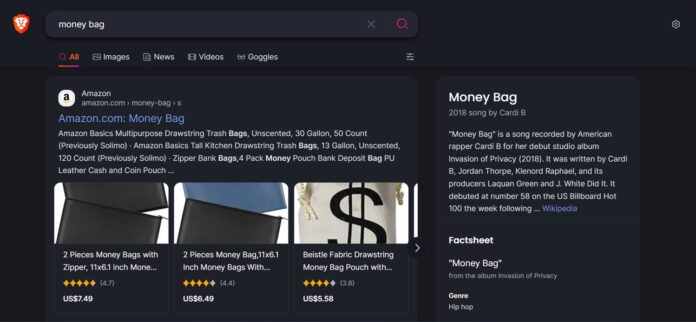 Kết quả tìm kiếm của Brave với từ khóa túi tiền (Ảnh: Internet)