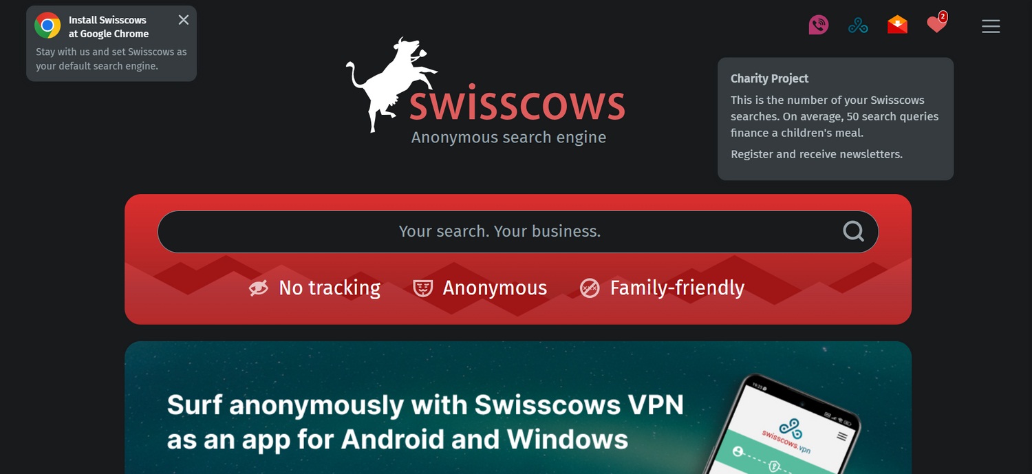 Trang chủ công cụ tìm kiếm Swisscows (Ảnh: Internet)