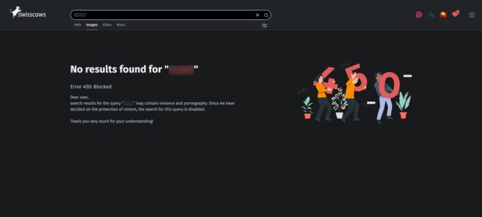 Công cụ tìm kiếm Swisscows chặn tìm kiếm từ khóa thô lỗ (Ảnh: Internet)