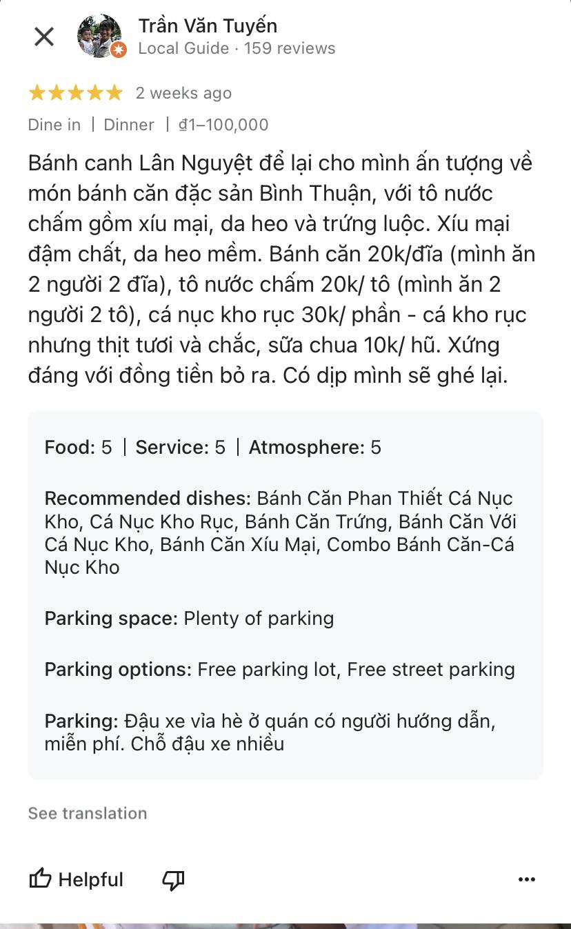 Đánh giá của khách hàng về quán bánh căn Lân Nguyệt (nguồn: Internet)