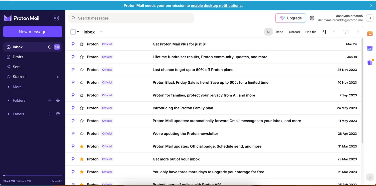 Giao diện của Proton Mail trên máy Mac (Ảnh: Internet)