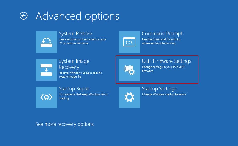 Màn hình Windows Recovery Environment hiển thị tùy chọn Cài đặt phần mềm cơ sở UEFI (Ảnh: Internet)