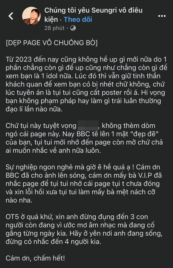 Fanpage của Seungri tại Việt Nam chính thức đóng page.
