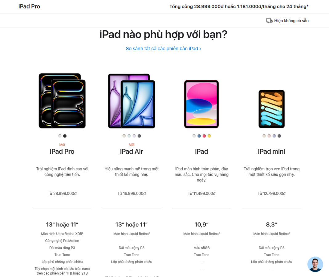 Giá bán của iPad Air, iPad Pro cũng như các dòng iPad khác (Nguồn: Internet)