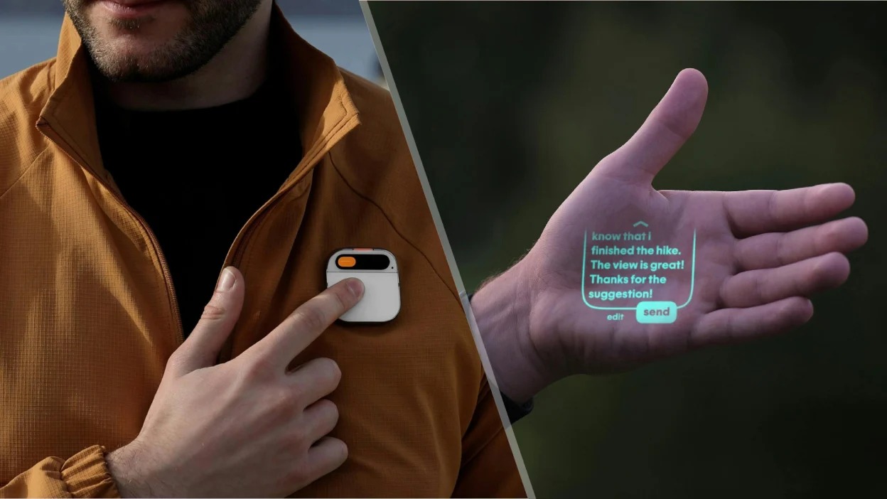 Humane AI Pin lại sử dụng hệ thống chiếu laser 720p đơn sắc lên tay người dùng để hiển thị giao diện giống smartwatch (Ảnh: Internet)