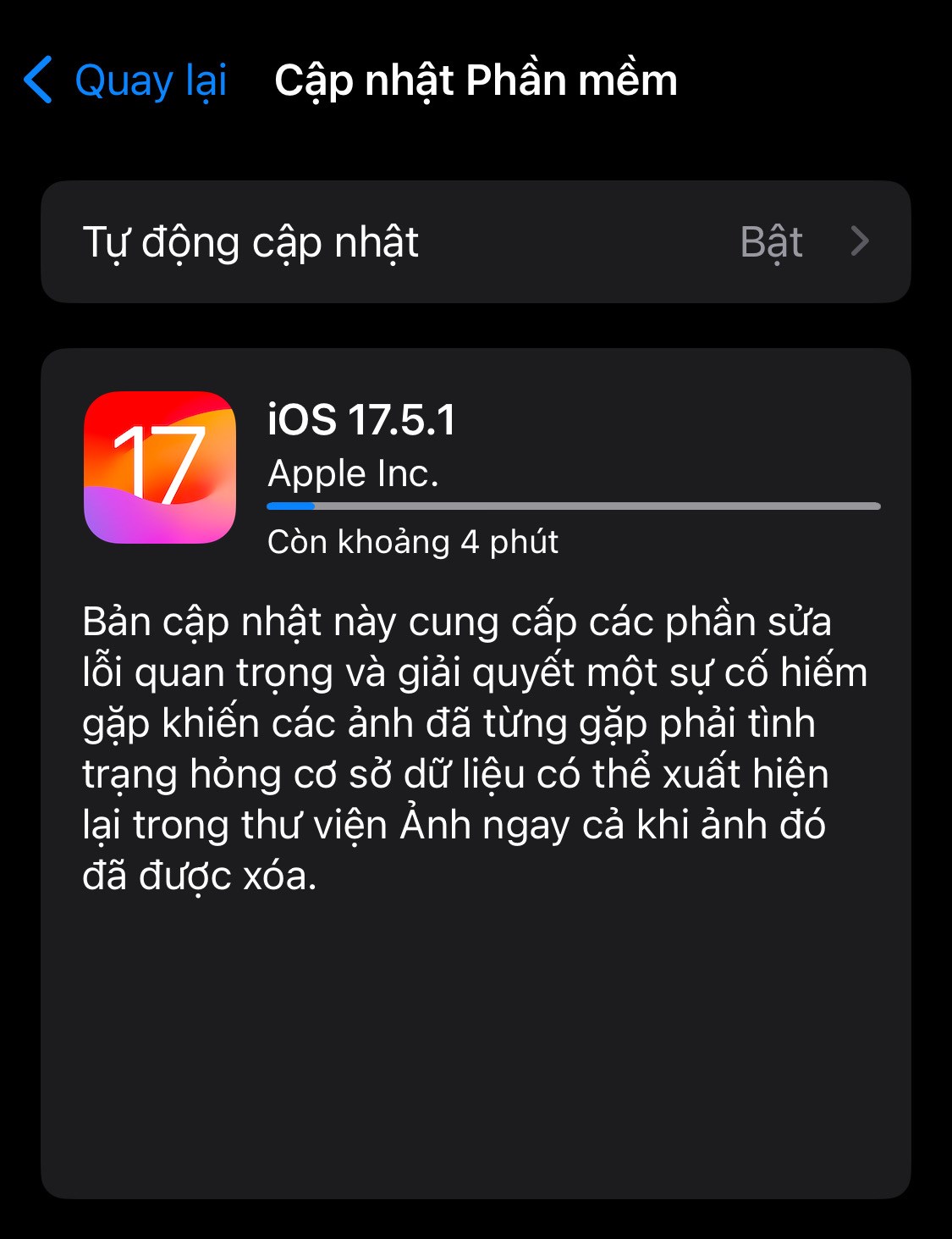 Hình ảnh cập nhật của iOS 17.5.1, Apple đã giải thích về bản cập nhật này (Ảnh: Internet)