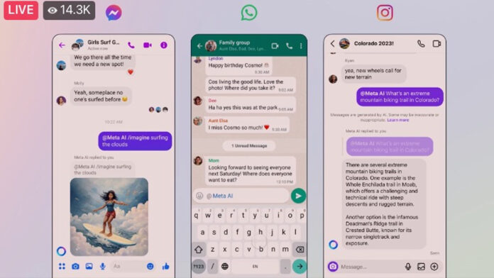 Meta AI đã được thêm vào các ứng dụng trò chuyện của Meta (Messenger, WhatsApp, Instagram) (Ảnh: Internet)