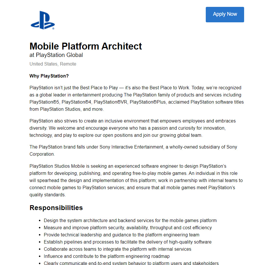Sony đang tuyển dụng vị trí "Kiến trúc sư nền tảng di động" để thiết kế kiến trúc và hệ thống backend cho nền tảng mới này (Ảnh: Internet)