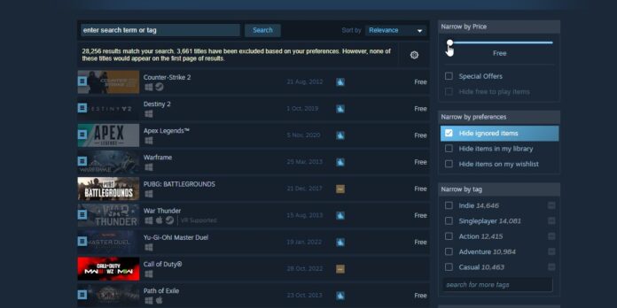 Bộ lọc tìm kiếm theo giá trên Steam (Ảnh: Internet)