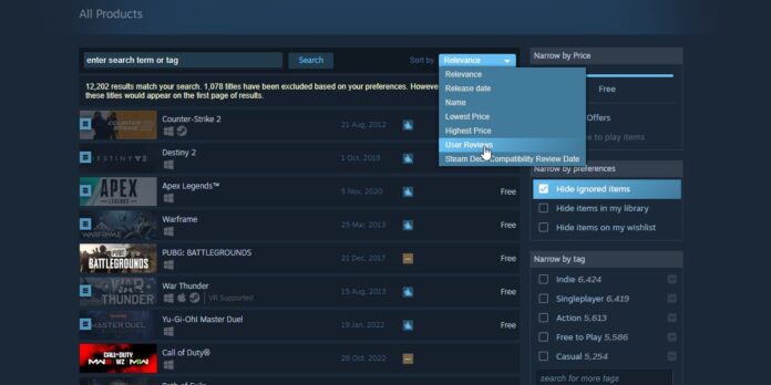 Sắp xếp game trên Steam theo chất lượng đánh giá (Ảnh: Internet)