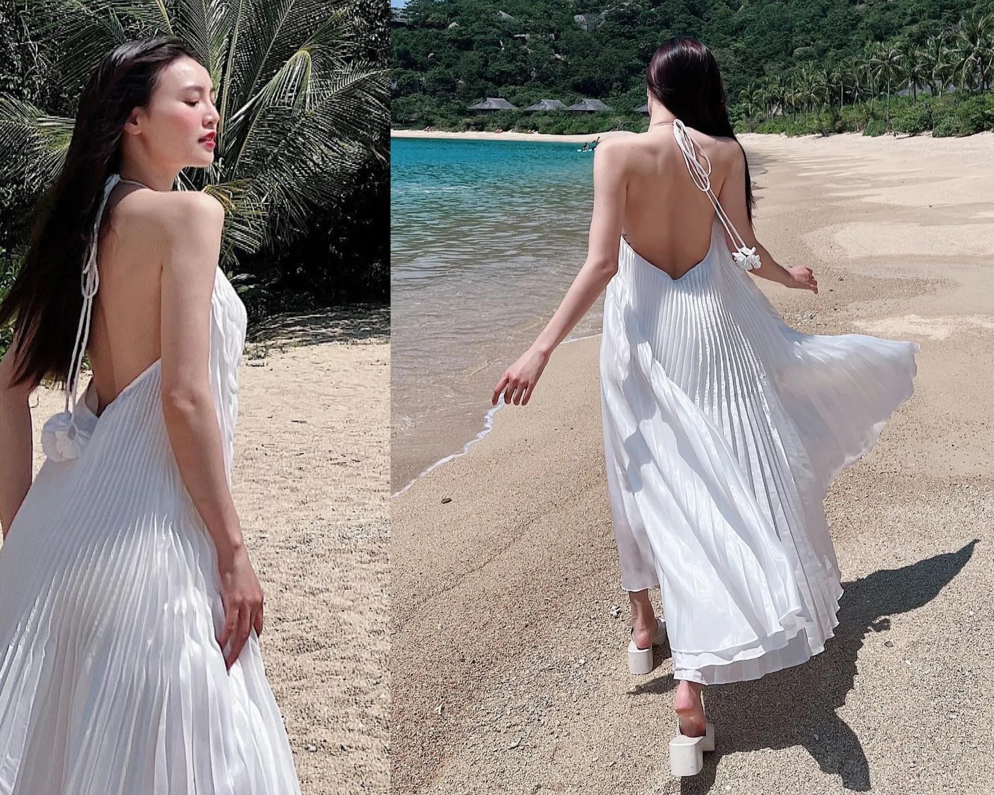 Ninh Dương Lan Ngọc khoe trọn tấm lưng gợi cảm trong bộ váy maxy dạo biển (Nguồn: Internet)