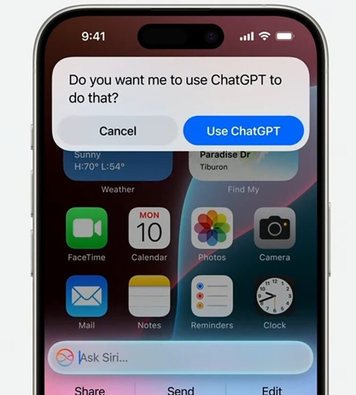 khi Siri nhận định ChatGPT có thể hỗ trợ trả lời câu hỏi của bạn, một thông báo sẽ hiện ra để bạn xác nhận cho phép Siri gửi câu hỏi đến ChatGPT (Ảnh: Internet)