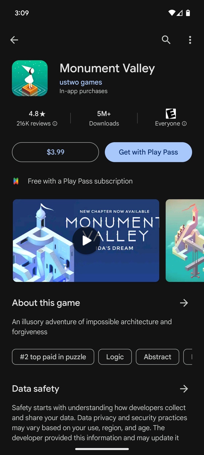 Tùy chọn chơi game Monument Valley với Google Play Pass (Ảnh: Internet)